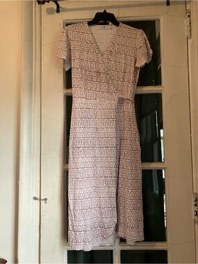 Mauve Patterned V-Neck Midi Organic Cotton Jersey Wrap Dress